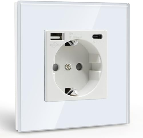 BSEED Schuko Steckdose mit USB (Max. 2.1A) und Typ C Port Weiß Glas Unterputz Steckdose Ladegerät für Handys, Laptops etc