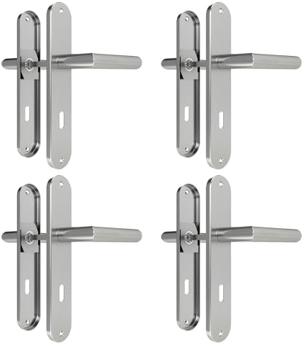 DIYGEEK Türgriffe Innentüren 4er-Set, Türklinke, Türbeschlag Langschild für Drückergarnitur Zimmertü, Türgriff-Set Edelstahl 72MM-BB-Buntbart, L-Form, Silber Gebürstet