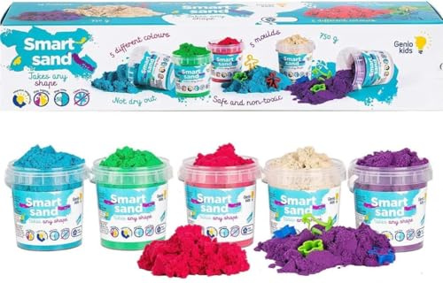 Genio Kids Magic Sand 750g Zaubersand - 5 Farben Bunter Sand Set, 5 Sandknete Zubehör - Spielsand für drinnen, Magischer Knetsand geschenke für Kinder, Mädchen und Jungen