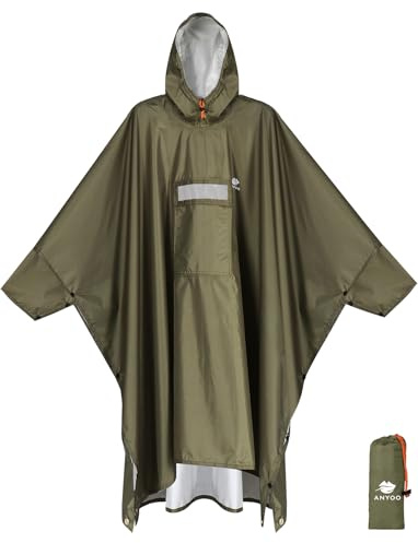 ANYOO Leichter Wasserdichter Regenponcho Regenjacken mit Ärmeln Belüftet Mehrzweck Regenmantel mit Kapuze Faltbare Schutzdecke Unterschlupf Plane Ideal für im Freien Camping Wandern Angeln, Olivgrün
