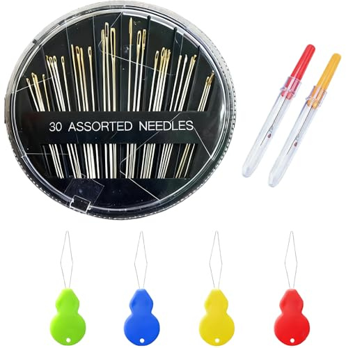 Handnähset, 30 Handnähnadeln, 4 Einfädler, 2 Nahttrenner, Schere und Nähkästchen für Verschiedene Stickgrößen
