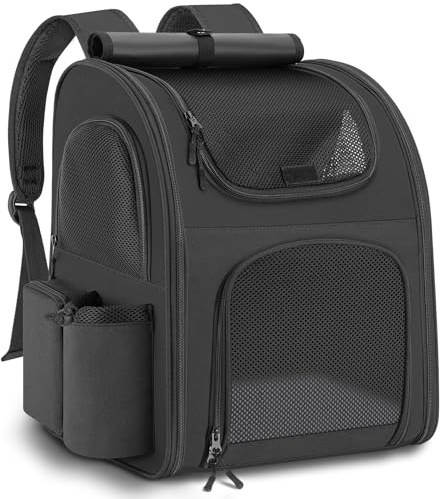 Hunderucksack bis 10kg, Katzenrucksack Hunde Rucksack, Schwarz | Netzfenster, Faltbar, Atmungsaktiv und Leicht, Innere Sicherheitsleine und Haustiermatte, Dog Cat Backpack bis 10kg