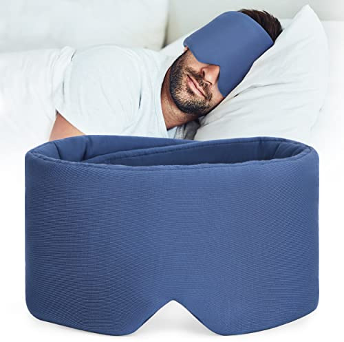 FRESHME Handgefertigte Verdunkelungs Schlafmaske Baumwolle Schlafbrille | Blau Augenmaske Damen Herren mit Verstellbarem Klettverschluss, Weiche Augenbinde für Reisen Schlafzimmer Flugzeug Büro