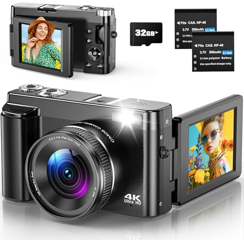 Digitalkamera 4K Kompakte Digitalkamera 48MP mit Autofokus, 3” 180° Klappbildschirm, 16X Digitalzoom, 32GB Speicherkarte, 2 Akkus für Anfänger und Jugendliche