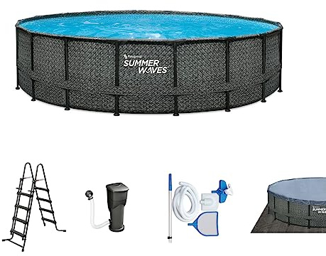 Summer Waves Frame Pool Komplettset | Rund 488x122 cm Rattanoptik Grau | Aufstellpool Set | Gartenpool & Schwimmbecken inkl. Filterpumpe, Einstiegsleiter, Abdeckplane, Bodenvlies & Reinigungsset