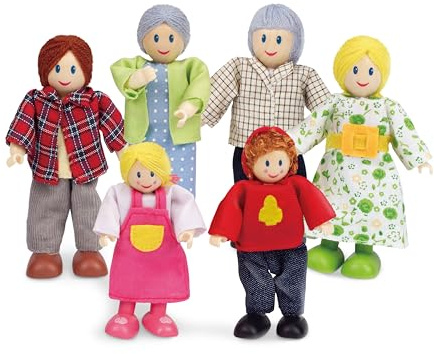 Hape Puppenfamilie Preisgekröntes Puppenfamilien-Set, einzigartiges Zubehör für Puppenhäuser aus Holz, Fantasie-Spiel, 6 Puppenfamilien-Mitglieder, für Kinder ab 3 Jahren