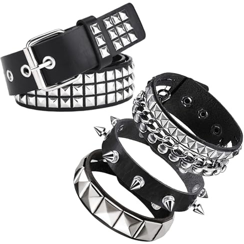MHYMX Y2K Gürtel, Nietengürtel mit 3 Nietenarmband Schwarz PU Ledergürtel Glitzer Gürtel Set Nieten Punk Gothic Schmuck Accessoires für Damen Herren