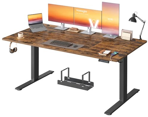 VASAGLE Höhenverstellbarer Schreibtisch, 180 x 80 cm, USB-C-Anschluss | Schreibtisch, Ablage für Steckdosenleiste, 3 Speichertasten, Erinnerung bei langem Sitzen, vintagebraun LSD148KD02