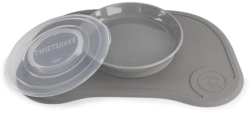 Twistshake Click-Mat + Platte | Anti-Rutsch-Geschirrset für Babys | Babyteller + Baby-Tischset (38x25) | BPA-freier Baby-Entwöhnungsteller | Essenstrainingsplatte für Kinder ab 6 Monaten | Grau