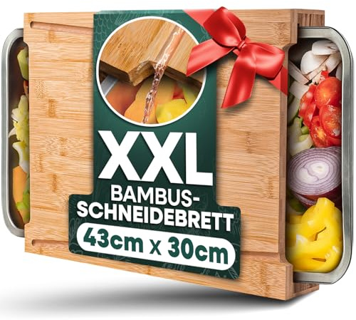 Loco Bird Schneidebrett Holz mit Auffangschale - Cutting Board mit Edelstahl Schalen - Bambus Schneidebrett Holz, Großes Holzbrett Küche - Schneidbrett groß - Küchenbrett, Brett