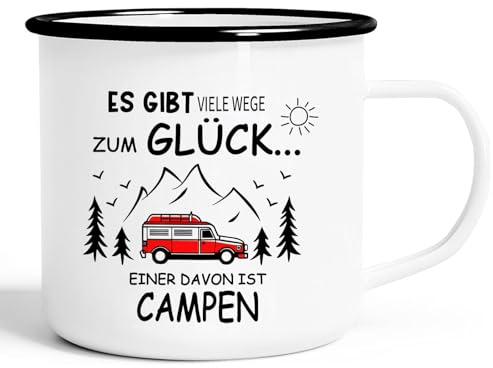 Emaille Tasse Camping Becher zum Campen Ausrüstung Geschenke für Camper Familie Womo-Bewohner Freunde Deko für Wandern Wohnwagen Wohnmobil Ausflüge Campingurlaub Zubehör, weiß-schwarz, 300ml