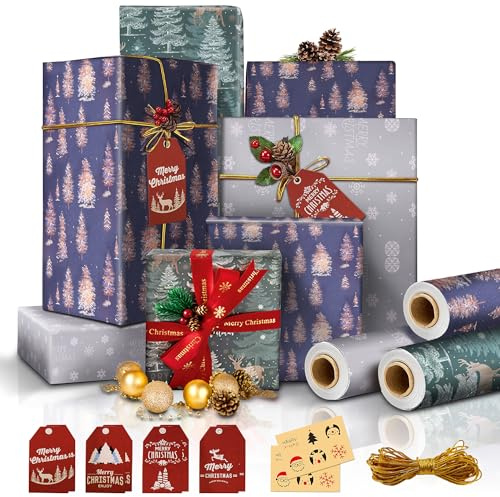 Geschenkpapier für Weihnachten, 3 große Rolle, 15 m, dekoriert mit 10 m Kordel, Verpackung + 8 Weihnachtsetiketten + 12 Aufkleber Chic Vintage (44 cm × 5 m, 3 Rollen)