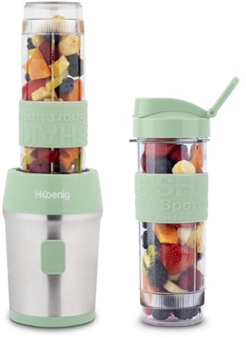 H.Koenig Mini Smoothie Maker Standmixer, Blender elektrisch, Transportabel Kompakt 570mL SMOO18 BPA-frei Leistungsstarke 300W, Smoothie Mixer 2 tragbare Flaschen, Edelstahlklingen, Pastellgrün