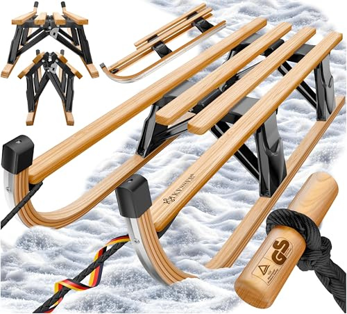 KESSER® Holzschlitten 110 cm Davoser Rodel Faltbar & Klappbar, Kinderschlitten; Premium Holz-Schlitten aus Buchenholz, Klappschlitten, Metall Kufen, Optional mit Lehne, Geschenk, Buche/Schwarz