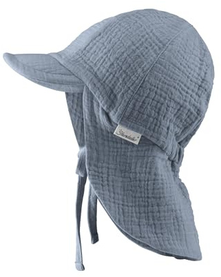 Sterntaler Schirmmütze Nacken Musselin - Unisex Mütze aus Baumwoll Musselin (Bio) - UV-Schutz 50+ Sonnenhut mit Nackenschutz - Baby- und Kinder Sommer Kopfbedeckung zum Binden - graublau, Größe 43