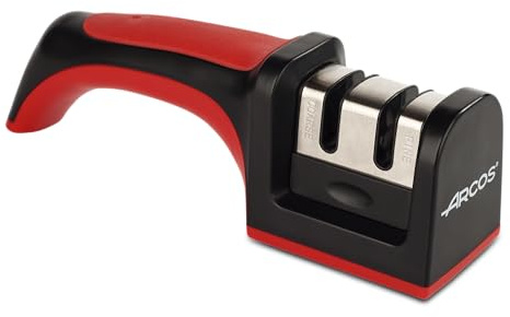ARCOS Professioneller Messerschärfer mit Ergonomischem Griff für Manuelle Verwendung - Keramik- und Kohlenstoffrollen - Rot und Schwarz