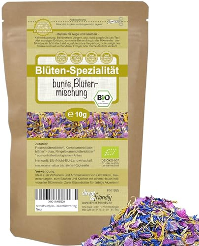 direct&friendly | Bunte Bio Blütenmischung | 10g | farbenfroher Essblüten-Mix aus Rosen-, Ringelblumenblüten- und Kornblumenblütenblättern