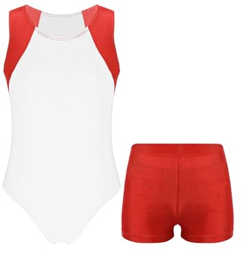 Nyeemya Jungen Turnanzug Ballettanzug Turntrikot Ballett Tanzbody Ärmellose Gymnastikbody + Shorts Wettkampf Tanzbekleidung Weiß 122-128