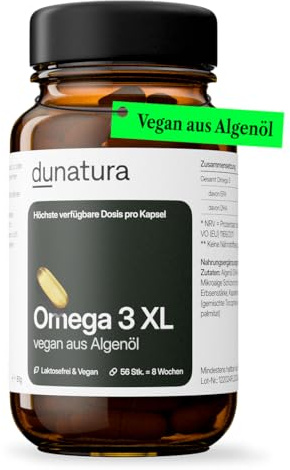 Dunatura Omega 3 Kapseln - 56 Kapseln - EPA & DHA aus Algenöl | EPA & DHA aus Algenöl; vegan; Glasflasche; laborgeprüft; ohne unnötige Zusatzstoffe