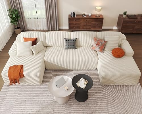 DURASPACE Cloud-Sektionalsofas für das Wohnzimmer, Modulares U-förmiges Sofa mit tiefer Sitzfläche, Schlafsofa aus Cord mit Memory-Schaum, Keine Montage Erforderlich (Beige)