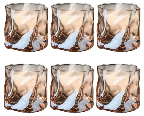 LOITTAINUE Gläser Set 6 Teilig 200ml - Unregelmäßiges Kristall Whiskeygläser - Trinkgläser Eiskaffeegläser Cocktailgläser Longdrinkgläser Wasser Tee Kaffee Saft - Spülmaschinenfest (Braun)