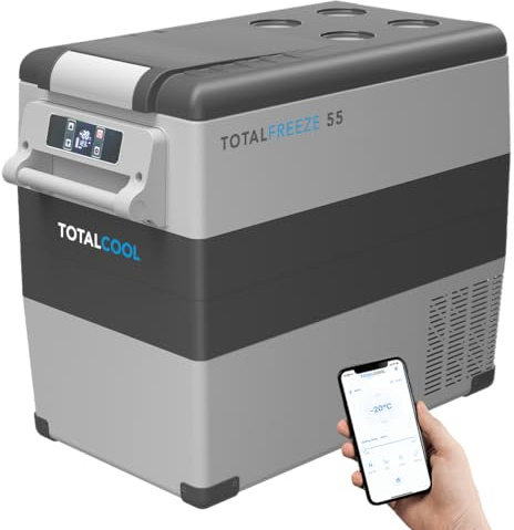 Totalcool TOTALFREEZE Tragbarer Camping-Kühlschrank mit Gefrierfach – 12/24-Volt-Van-Kühlschrank – Dual-Zone-Kühlschrank mit Gefrierfach für Wohnmobile – App-gesteuerter Angelkühlschrank – 55 Liter