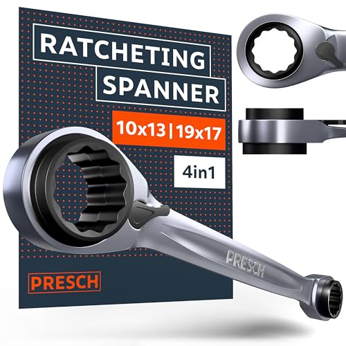 PRESCH Doppel Ratschenschlüssel 10 13 17 19 mm - Umschaltbare Ratschenfunktion - Präzisionsgefertigt mit 90 Zähnen & 4° Rückholwinkel - 4 Größen in einem Schlüssel - 4 in 1 Ringratschenschlüssel