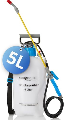 Nanoprotect Drucksprüher 5 L | Universelle Sprühflasche für Essigsäure, Wasser, Dünger und mehr | Mit Schlauch, Tragegurt und Verstellbarer Düse aus Kunststoff | Pumpsprüher