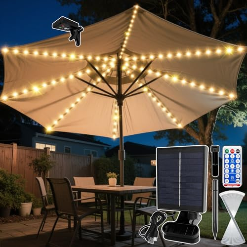 VEEKAY Sonnenschirm Beleuchtung Solar,104 LEDs Solar LED Sonnenschirm Lichter mit Fernbedienung,8Modus Regenschirm Lichterkette,IP67 Wasserdichte Gartenleuchten für Schirmdekoration,Campingzelte Party