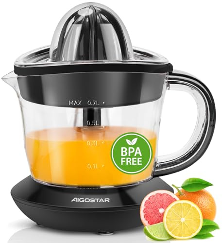 Aigostar Elektrische Zitruspresse 2 Kegel & BPA-Frei, Orangenpresse 40 W, 700ml Saftpresse Elektrisch, 2 Drehrichtungen, Hohe Saftausbeute, Spülmaschinenfest & Tropfsicher