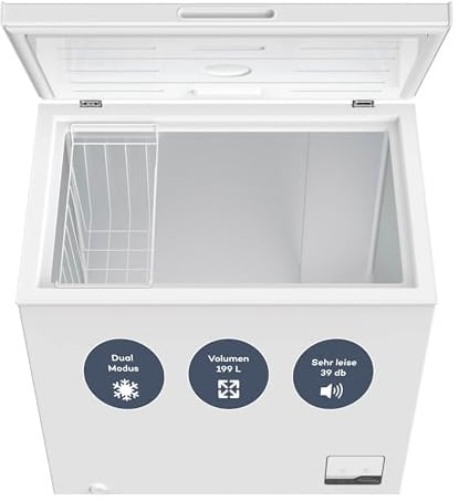 SCHOEPF – GT200S Gefriertruhe 199 L – Weiß – 83,5 x 82,3 x 55,6 cm – Energieklasse E – Schnellgefrieren – 39 dB – 200 kWh/Jahr – 4-Sterne-Kennzeichnung – Freistehend