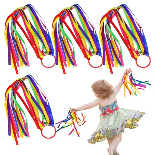Tanzbänder Regenbogen Band 55 cm Ringgriff für Tanzband Sportanfeuerung | 4 Pcs Robust und Knickfest, Regenbogenfarben, Luftige Bänder, Rhythmische Sportgymnastik Band, Gymnastikband Mit Stab
