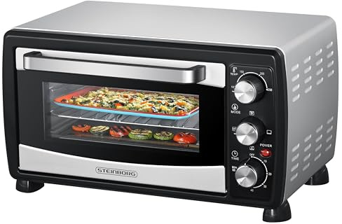 Steinborg® Mini Backofen mit Umluft 20 Liter Pizzaofen Krümelblech Umluftfunktion Ober- und Unterhitze 1.400 Watt Miniofen mit Timer kleiner Backofen für Camping oder Haushalt freistehend