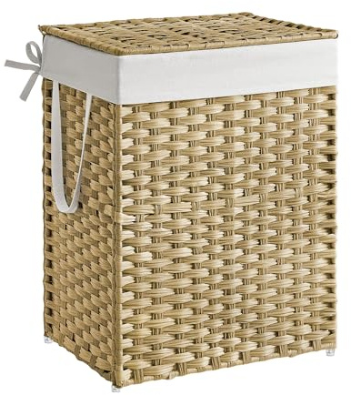 SONGMICS Wäschekorb, Wäschesammler 90 L, Wäschebox aus synthetischem Rattan, mit Deckel und Griffen, geflochten, faltbar, herausnehmbarer Wäschesack, pastellgelb LCB51NL