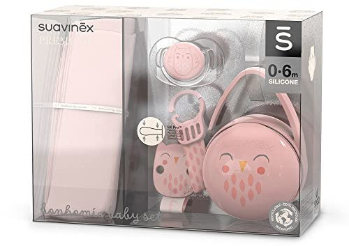 Suavinex, Neugeborene Set. Babygeschenk mit: Schnuller 0-6 Monate mit physiologischer SX Pro Silikon-Sauger + Duo Schnullerbox + Schnullerkette. Bonhomia, Rosa