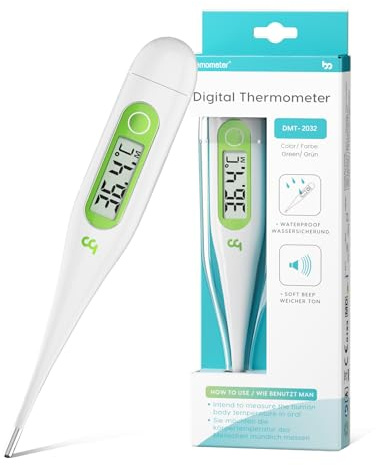 Digitales Fieberthermometer, Rektal, Oral, Achselthermometer Fieber Thermometer für Baby Kinder Erwachsene, Genaue und Schnelle Ablesungen, Wasserdichte Sonde, grün
