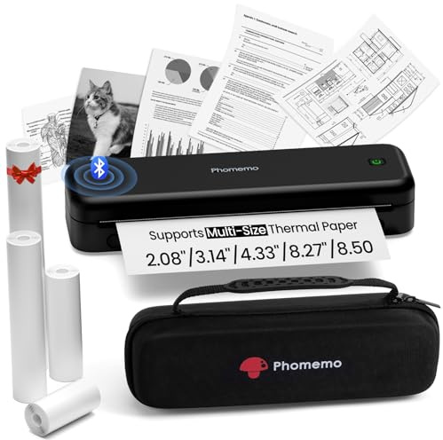Phomemo M834 Thermodrucker A4, Mobiler Drucker A4 für Unterwegs, Büro, Schule, Zuhause, Kompatibel mit Smartphones und Computern, Tragbarer Drucker mit Tragetasche und 4 Rollen Thermopapier, Schwarz