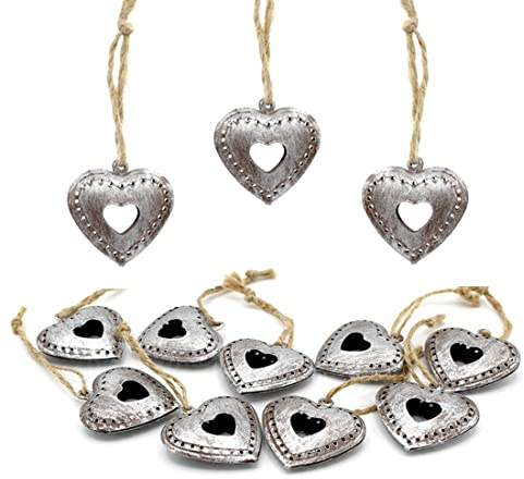 LB H&F 12er Set Dekohänger Herzhänger Vintage Dekoherzen Herz Metall Silber Nostalgie PO LO