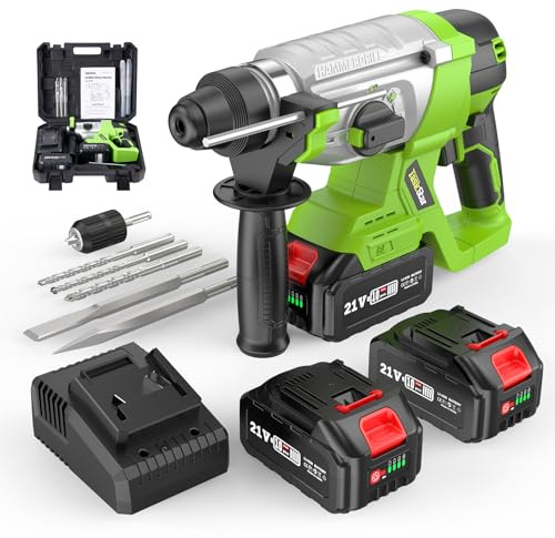 TaskStar Akku Bohrhammer 21V, 2,3J Brushless Schlagbohrmaschine, 2x4,0 Ah Akkus und Ladegerätfür, 4 SDS-Plus-Bohrern, 4 Funktionen – Tragbares Multifunktions-Bohrhammer-Kit für Beton/Stahl/Holz