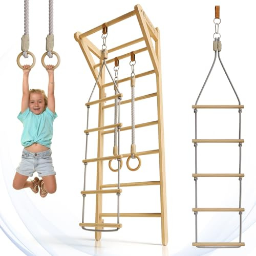 Juskys® Sprossenwand für Kinder - mit Klimmzugstange, Indoor Klettergerüst mit Turnringen und Strickleiter, Kletterwand fürs Kinderzimmer, Turnstange