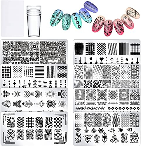 PHOGARY Nagelstempelplatten, 8 Stamping Platten mit Stempel und Schaber Kit Blumen Spitze Geometrische Muster Nagelschablone Schablonen für Nailart