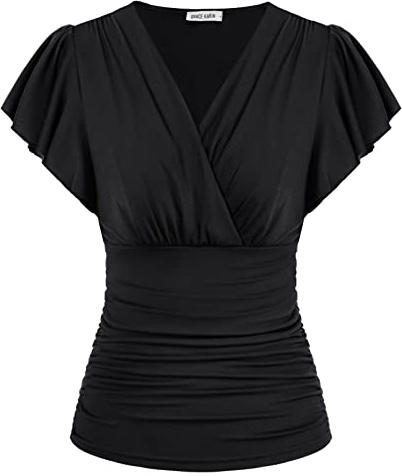 Damen Leichte Rüschenärmel Elegante Oberteile Plissiert Tailliert Bluse Sommer Fesctliche T-Shirt Schwarz XL