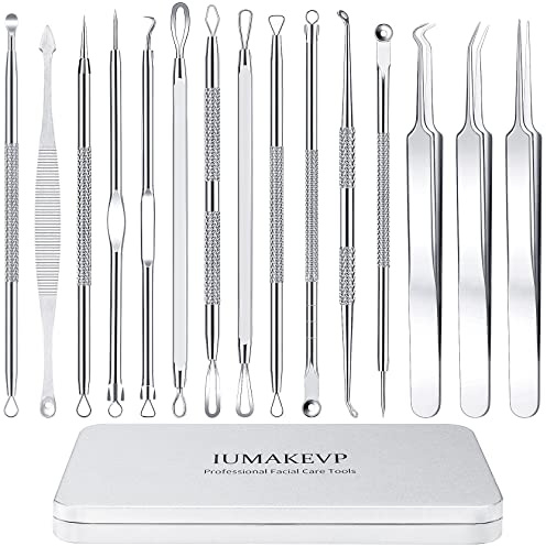 Mitesserentferner Komedonenquetscher Set, IUMAKEVP 15 Stücke Hochwertiger Blackhead Remover aus Edelstahl von Mitessern und Pickeln im Gesicht, Pickel Ausdrücken Werkzeug mit Metallgehäuse (Silber)