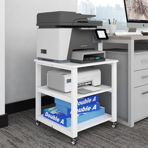 PUNCIA 3-Ebene Druckertisch mit Universalrollen mobiler Druckerständer aus Holz & Metall Druckerwagen Stauregal 50x50x50cm bis zu 70 kg belastbar weiß für Büro Zuhause Office Schule