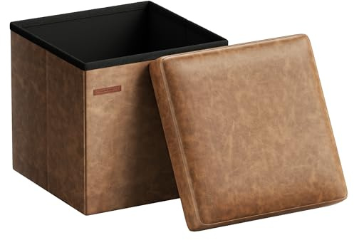 SONGMICS Sitzhocker 38 cm, Aufbewahrungsbox faltbar, Fußhocker mit Deckel, aus Kunstleder, bis 300 kg belastbar, für Eingang, Wohnzimmer, Schlafzimmer, kaffeebraun LSF010K01