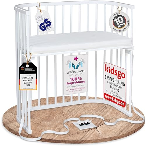 babybay Boxspring Beistellbett aus massivem Buchenholz / kompakt & verwandelbar / Kinderbett Höhe stufenlos verstellbar & umweltfreundlich / mitwachsendes Babybett (weiß lackiert) / inkl. Matratze