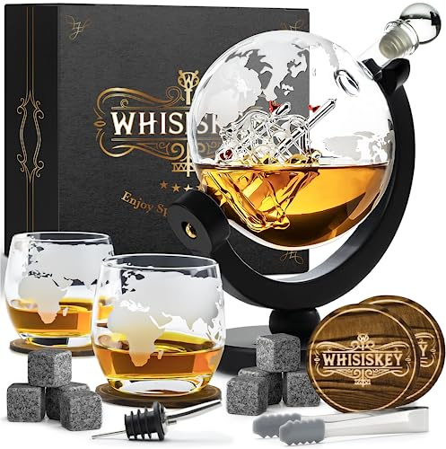 WHISISKEY Whisky Karaffe Set - Whiskey Geschenkset - Geschenke für Männer | Dekanter 900ML, Geschenkbox, 2 Whisky Gläser, 8 Whisky Steine - Männergeschenke - Geschenk - Geburtstagsgeschenk Mann
