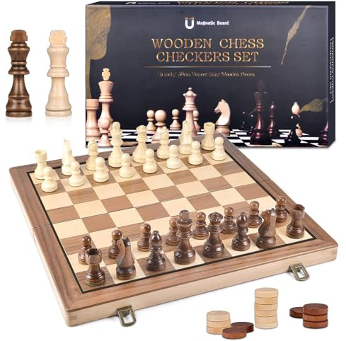 DYDHRER 39 x 39cm Schachspiel, 2 in 1 Schachbrett Holz Hochwertig, Tragbare Schach, Chess Board Klappbar, Reiseschach Schachspiel Kinder, Schachspie Magnetisch Set für Party Familie Aktivitäten
