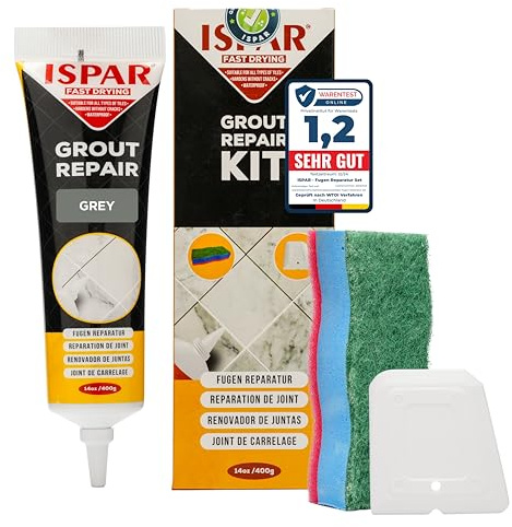 ISPAR Fugenmörtel Grau 400g - Fugenfüller & Fugenmasse für Fliesenfugen – Geruchsneutral & Schnell trocknend – Ideal für Fugenreparatur – Mit Spachtel & Schwamm