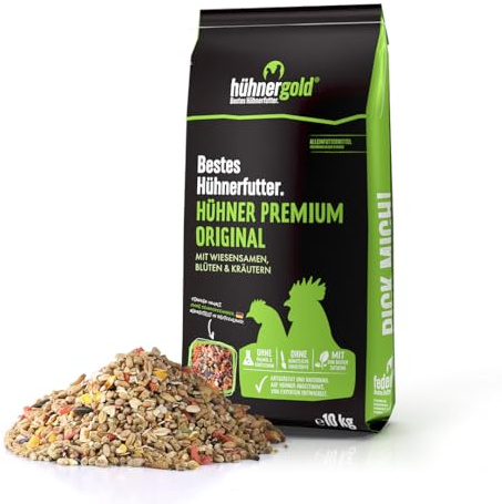Hühnerfutter 10kg Alleinfutter Premium – hühnergold® Hühner Premium Original für Hühner, Enten & Gänse – mit Kräutern, Blüten, Gemüse & Mineralgrit – ohne Gentechnik & Palmöl
